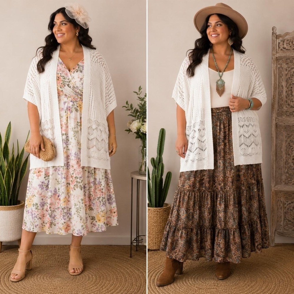 Torrid‎ 1/2 Ivory Open Knit Cardigan Shrug Poncho Boho Vacation Coastal Garden